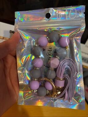 Lilac & Gray Beaded Keychain Wristlet with Tassel